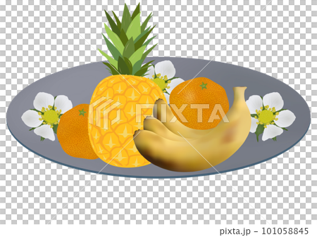 「お皿に盛った果物3種」パイナップル  ミカン  バナナ  グレー皿  花柄 101058845