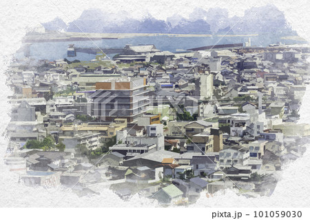 水彩画風　新宮　新宮市街地　新宮市役所　和歌山県新宮市 101059030