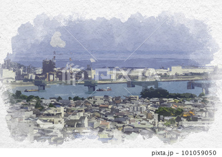 水彩画風　新宮　新宮市街地　北越コーポレーション（紀宝町）　和歌山県新宮市 101059050