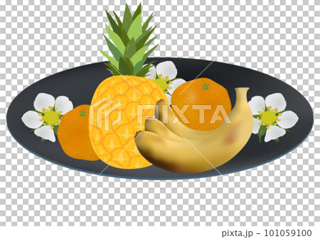 「お皿に盛った果物3種」パイナップル  ミカン  バナナ  青皿  花柄 101059100