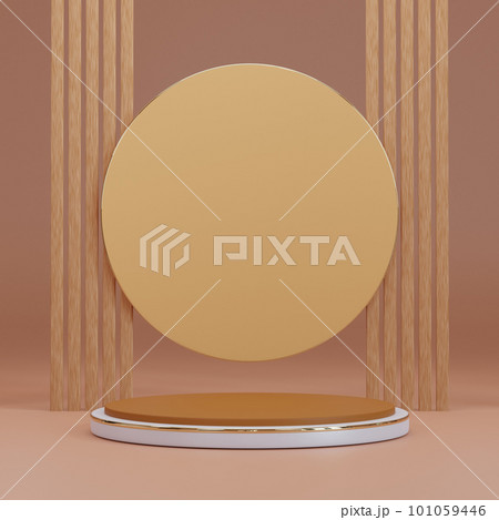 brown and white cylinder pedestal podium with circle shape backdrop and brown battens. abstract pastel brown color. 3d rendering brown and white cylinder pedestal podium with circle shape backdrop and brown battens. abstract pastel brown color. 3d rendering 101059446