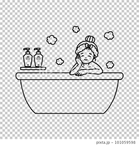 一個女人在浴缸裡放鬆的插圖、線條畫和單色 101059598