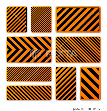 Various black and orange warning signs with diagonal lines. Attention, danger or caution sign, construction site signage. Realistic notice signboard, warning banner, road shield. Vector illustration 101059763