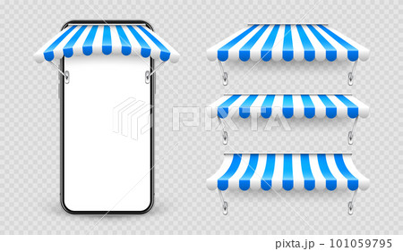 Smartphone with shop sunshade and metal mount, online internet shopping. Realistic blue striped cafe awning. Outdoor market tent. Roof canopy. Summer street store. Vector illustration 101059795