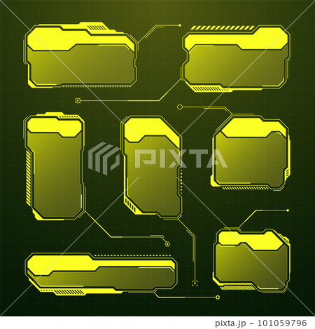 Yellow futuristic HUD, UI elements. Sci-fi user interface text boxes, callouts. Warning message frames, information boxes template. Modern game interface layout in digital style. Vector illustration Yellow futuristic HUD, UI elements. Sci-fi user interface text boxes, callouts. Warning message frames, information boxes template. Modern game interface layout in digital style. Vector illustration 101059796