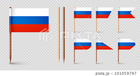 Realistic various Russian toothpick flags. Souvenir from Russia. Wooden toothpicks with paper flag. Location mark, map pointer. Blank mockup for advertising and promotions. Vector illustration Realistic various Russian toothpick flags. Souvenir from Russia. Wooden toothpicks with paper flag. Location mark, map pointer. Blank mockup for advertising and promotions. Vector illustration 101059797