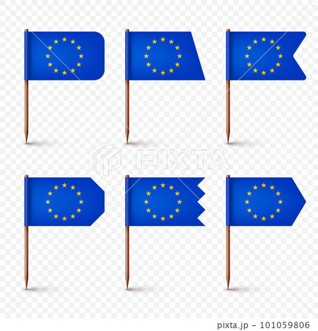 Realistic various European toothpick flags. Souvenir from Europe. Wooden toothpicks with paper flag. Location mark, map pointer. Blank mockup for advertising and promotions. Vector illustration 101059806