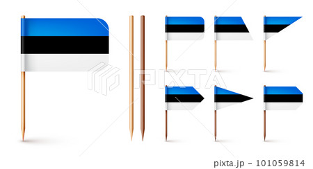 Realistic various Estonian toothpick flags. Souvenir from Estonia. Wooden toothpicks with paper flag. Location mark, map pointer. Blank mockup for advertising and promotions. Vector illustration 101059814