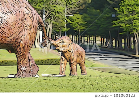 親象のシッポをつかむ小象 ナウマン公園 北海道 イラストイメージ、 親象のシッポをつかむ小象 ナウマン公園 北海道 イラストイメージ、 101060122