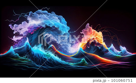 Generative AI, "Electric Waves": A Hypnotic and Energetic Image of Vibrant Neon Waves Moving and Pulsing Across the Canvas. 101060751