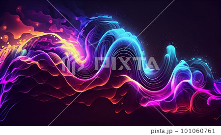 Generative AI, "Electric Waves": A Hypnotic and Energetic Image of Vibrant Neon Waves Moving and Pulsing Across the Canvas. 101060761