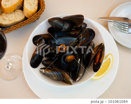 Picture of steamed tasty mussels served on pan with lemon Picture of steamed tasty mussels served on pan with lemon 101061084
