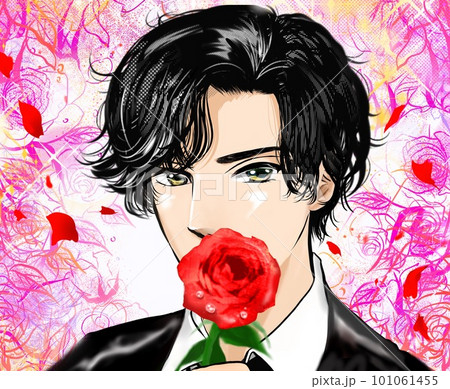 黒髪パーマの韓国アイドル風イケメン男性が薔薇で悩殺する少女漫画イラスト 黒髪パーマの韓国アイドル風イケメン男性が薔薇で悩殺する少女漫画イラスト 101061455