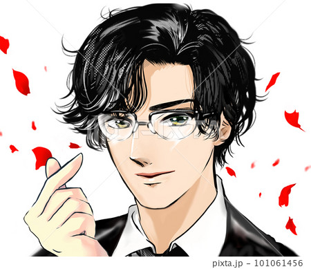 黒髪パーマのメガネイケメン男性が韓国アイドル風指ハートと薔薇で悩殺する少女漫画イラスト 101061456