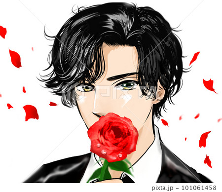 黒髪パーマのイケメン男性韓国アイドル風指ハートと薔薇で悩殺する少女漫画イラスト 黒髪パーマのイケメン男性韓国アイドル風指ハートと薔薇で悩殺する少女漫画イラスト 101061458