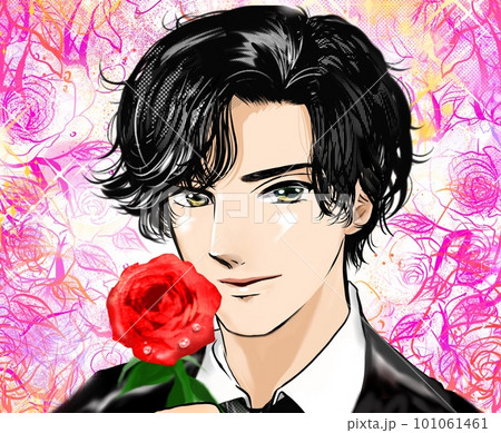 黒髪パーマのイケメン男性韓国アイドル風指ハートと薔薇で悩殺する少女漫画イラスト 101061461