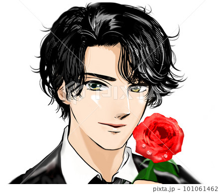 黒髪パーマのイケメン男性韓国アイドル風指ハートと薔薇で悩殺する少女漫画イラスト 黒髪パーマのイケメン男性韓国アイドル風指ハートと薔薇で悩殺する少女漫画イラスト 101061462
