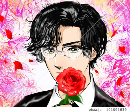 黒髪パーマイケメンメガネ男子が薔薇の花で愛の告白をする悩殺シーン少女漫画イラスト 101061636
