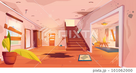 Abandoned cartoon house hallway, messy living room Abandoned cartoon house hallway, messy living room 101062000