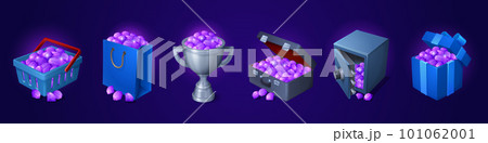 Set of game treasure icons on dark background Set of game treasure icons on dark background 101062001