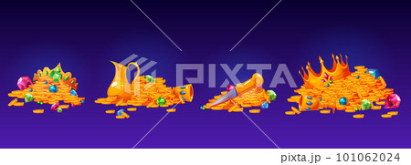 Cartoon set of treasure piles isolated on blue 101062024