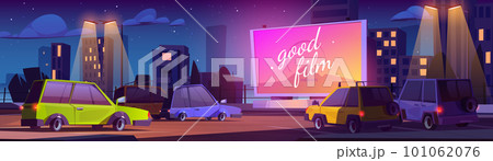 Outdoor drive-in cinema screen on parking at night Outdoor drive-in cinema screen on parking at night 101062076