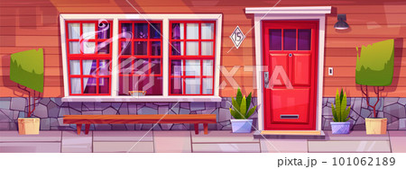 Cartoon house facade with red door and porch Cartoon house facade with red door and porch 101062189