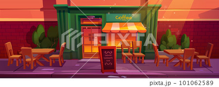 Cafe exterior with table and chair outside cartoon 101062589