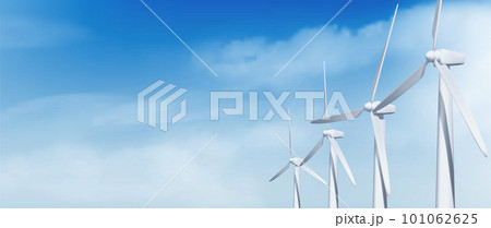 Realistic 3D wind turbines on blue sky background Realistic 3D wind turbines on blue sky background 101062625