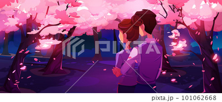 Romantic couple dating in sakura park Romantic couple dating in sakura park 101062668