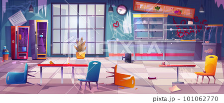 Dirty cafeteria with mess and broken furniture Dirty cafeteria with mess and broken furniture 101062770