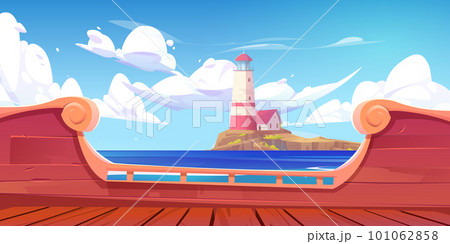 Sea landscape with lighthouse on island, ship deck 101062858