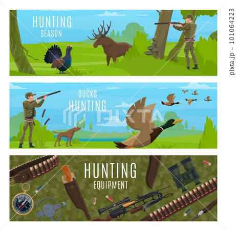 Hunting sport equipment and animals. Vector hunter characters with dog and gun hunting duck birds, elk and grouse, forest trees, meadow and marsh landscape. Cartoon rifle, shotgun, bow and compass 101064223