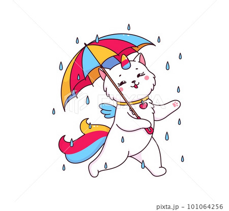 Cartoon cute caticorn character with rainbow umbrella walking in the rain. Vector personage of unicorn cat, kawaii kitty or caticorn magic animal creature with unicorn horn and rainbow tail 101064256