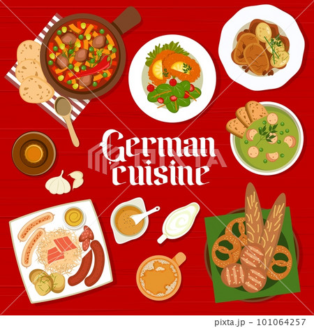German cuisine menu cover, dinner and lunch food or restaurant poster, vector. German cuisine food menu with schnitzel, sauerkraut and pretzel bread, pork beer soup and schmorbraten pot 101064257