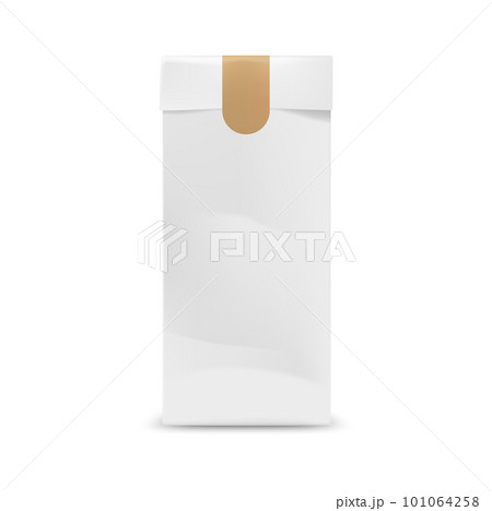White paper package with sticker mockup. Isolated vector takeout bag for fast food, 3d pack template for identity or branding design. Realistic takeaway pouch mock up, blank box for coffee and tea 101064258