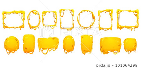 Cheese melt frames and borders of yellow sauce drips, vector Cheddar, Parmesan or Mozzarella. Cheese melting frames and borders of yellow cartoon cheesy flows for picture or photo background 101064298