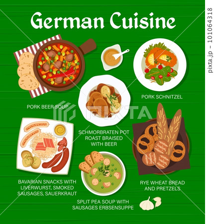 German cuisine menu with food and dish meals for dinner and lunch, vector poster. German restaurant food menu with pork beer soup and schnitzel, Bavarian snacks with liverwurst sausages and sauerkraut 101064318