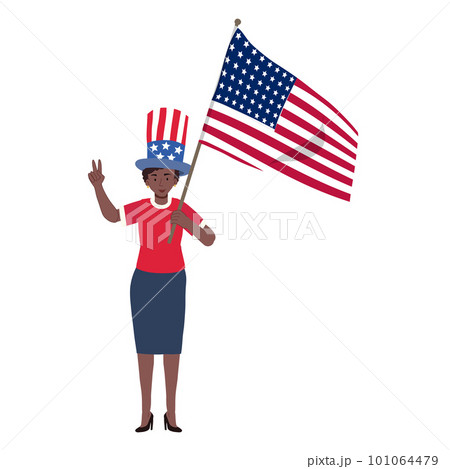 USA 4th july independence day concpet. African american woman holding american flag to celebrate. Flat vector cartoon illustration USA 4th july independence day concpet. African american woman holding american flag to celebrate. Flat vector cartoon illustration 101064479