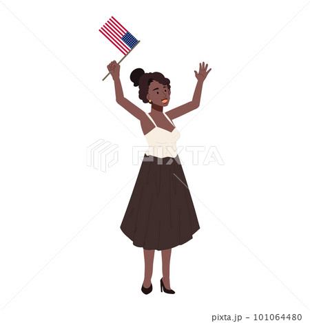 USA 4th july independence day concpet. African american woman holding american flag to celebrate. Flat vector cartoon illustration USA 4th july independence day concpet. African american woman holding american flag to celebrate. Flat vector cartoon illustration 101064480