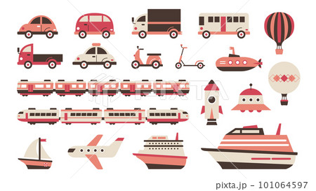 乗り物のイラストセット レトロ&フラット(赤) 乗り物のイラストセット レトロ&フラット(赤) 101064597