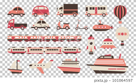 乗り物のイラストセット レトロ&フラット(赤) 乗り物のイラストセット レトロ&フラット(赤) 101064597