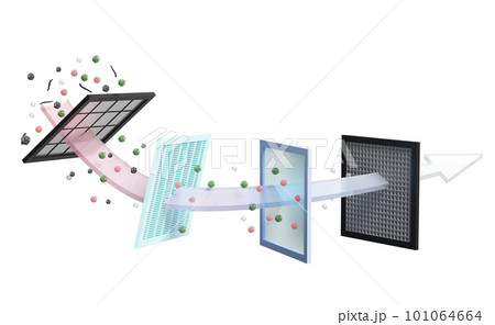 air filter layer and ventilate shows 3d, dust filter layer for air purifier, dehumidifier, misting fans, prevents vapors and odors from chemicals, virus, allergen, 3d render illustration 101064664