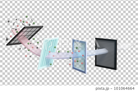 air filter layer and ventilate shows 3d, dust filter layer for air purifier, dehumidifier, misting fans, prevents vapors and odors from chemicals, virus, allergen, 3d render illustration 101064664