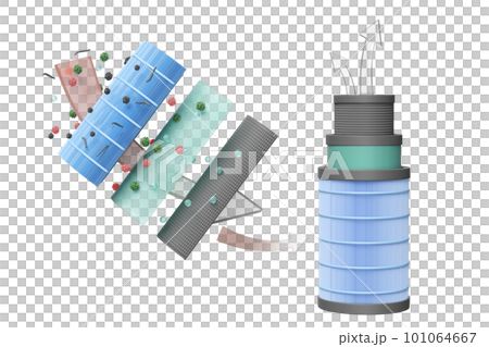 3d 3-layer round air filter for filtering dust, PM.5, virus, odor, arrow air flows shows, prevents vapors and odors from chemicals, virus, allergen, 3d render illustration, isolated 101064667