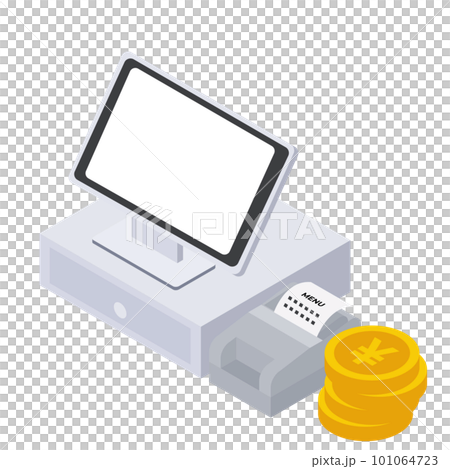 Isometric illustration of POS cash register/self cash register and stacked coins Isometric illustration of POS cash register/self cash register and stacked coins 101064723