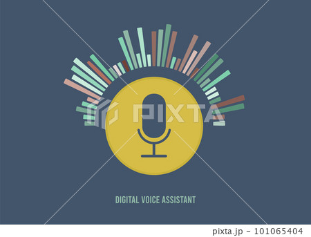 Voice assistant concept with microphone icon and sound wave design. Equalizer wave flow background represents voice and sound recognition. Personal assistant and voice recognition vector concept 101065404