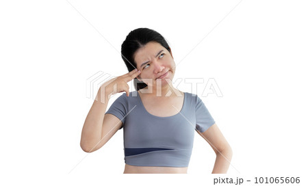 Young Asian woman thinking hard or planning to do something, Overthinking or worrying, Have a headache, Migraine, Stress, Free space for advertising or promoting products, Copy space, Enter text. 101065606