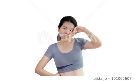 Young Asian woman thinking hard or planning to do something, Overthinking or worrying, Have a headache, Migraine, Stress, Free space for advertising or promoting products, Copy space, Enter text. 101065607