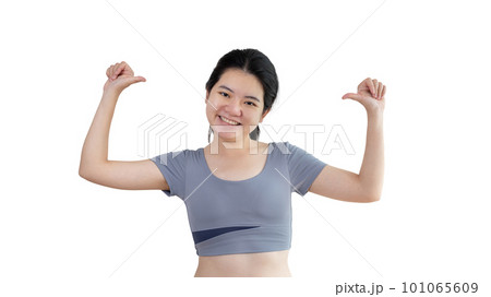 Young Asian woman pointing finger at herself, Concept of love yourself and believe in yourself, self esteem, Pointing two thumbs at herself, Isolated over white background. 101065609